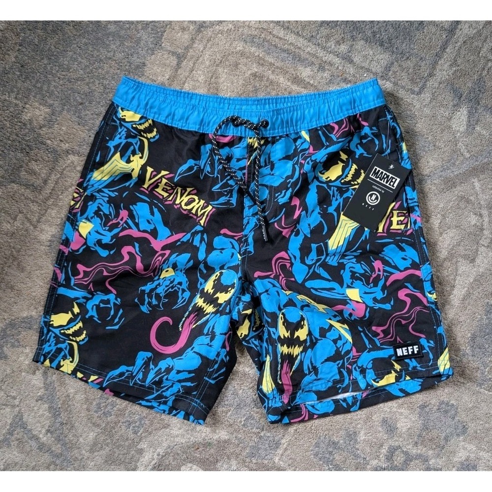 Neff Swim Trunks Marvel Venom  Mens Small Blue Board Shorts Comics NWT